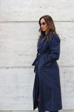 Blue trench coat with belt
