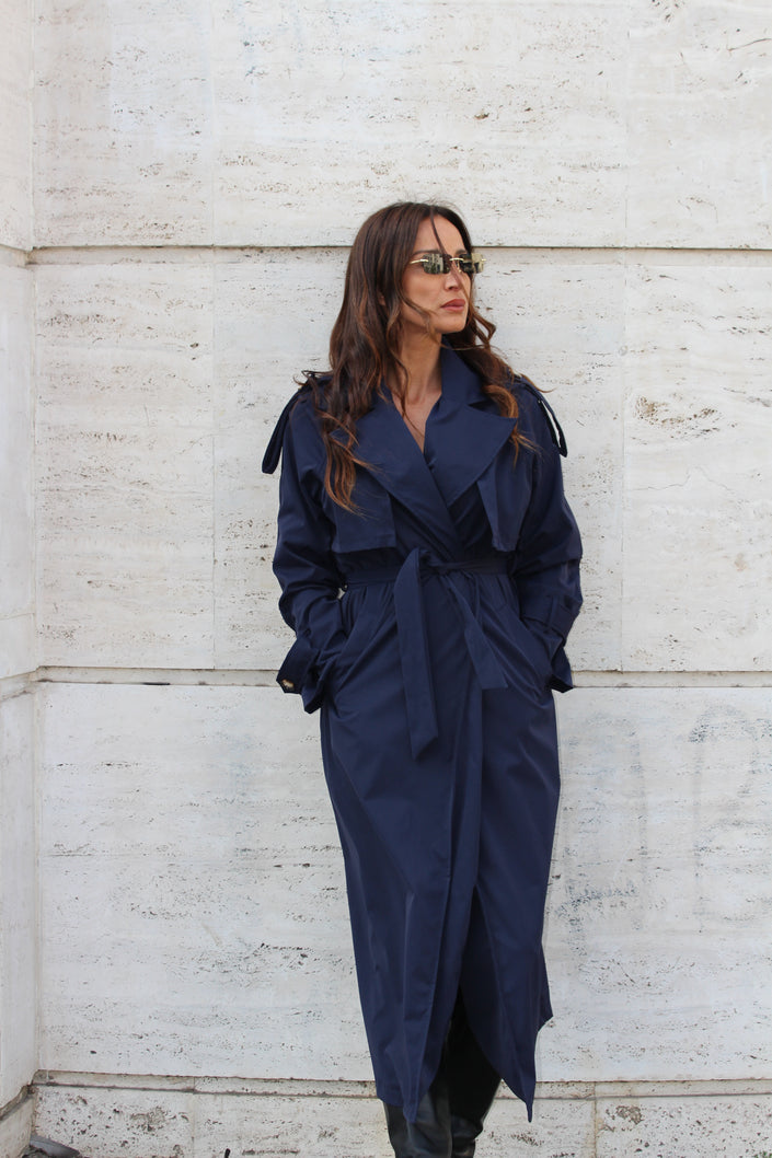 Blue trench coat with belt