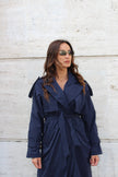 Blue trench coat with belt