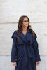 Blue trench coat with belt