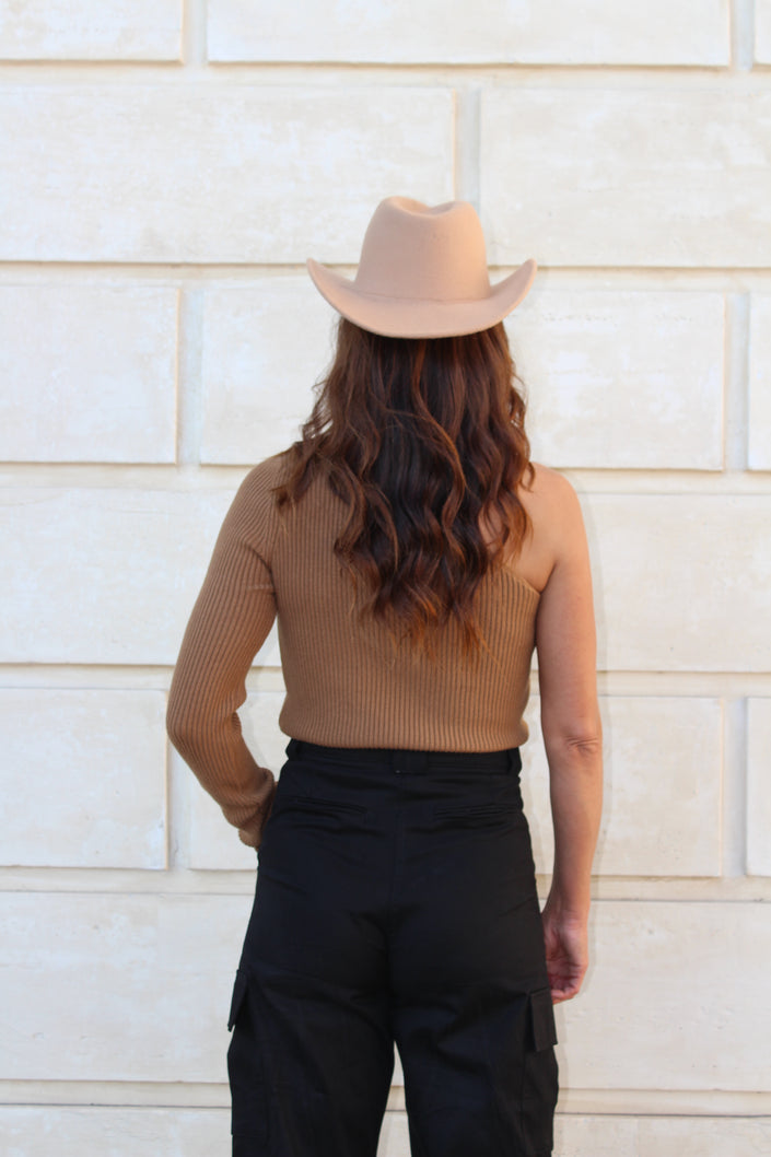 Brown one-shoulder sweater